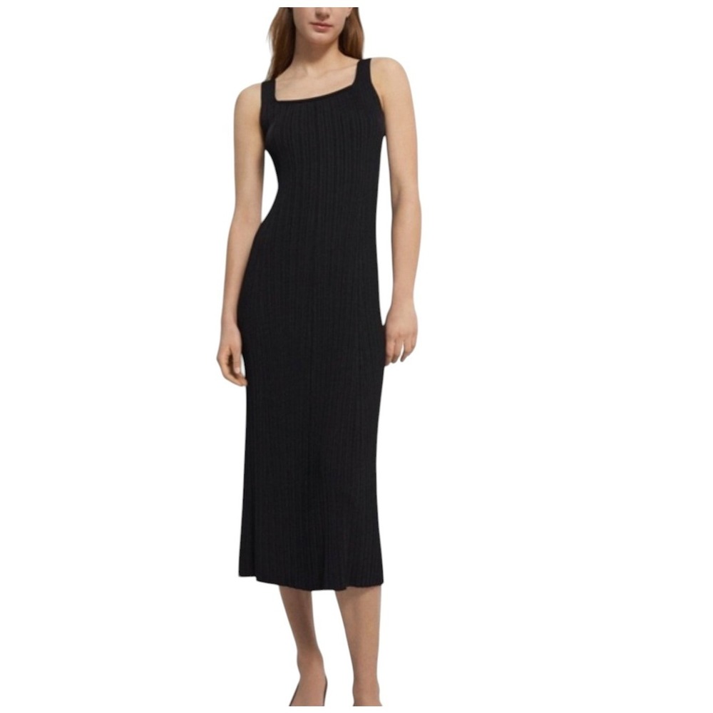 Theory Black Ribbed Knit Ottoman Midi Dress Square Neck Sleeveless Tank L New